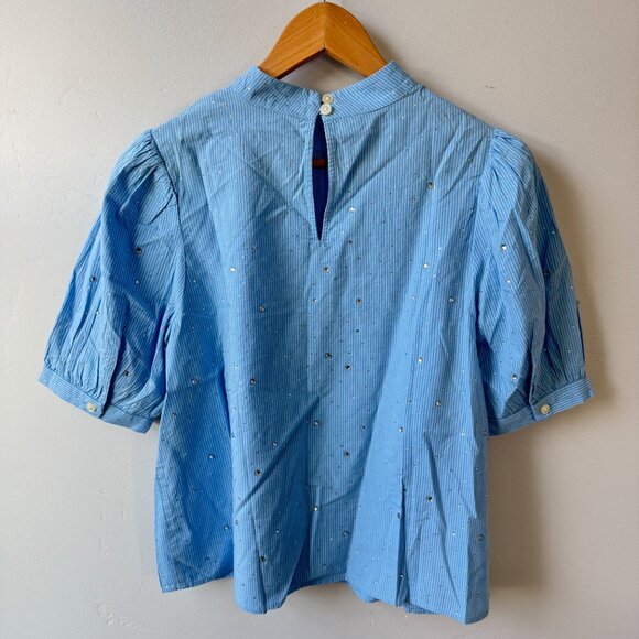 NWT Loft Blue White Striped Short Puff Sleeve Blouse Glitter Dots Cottagecore - Picture 8 of 15